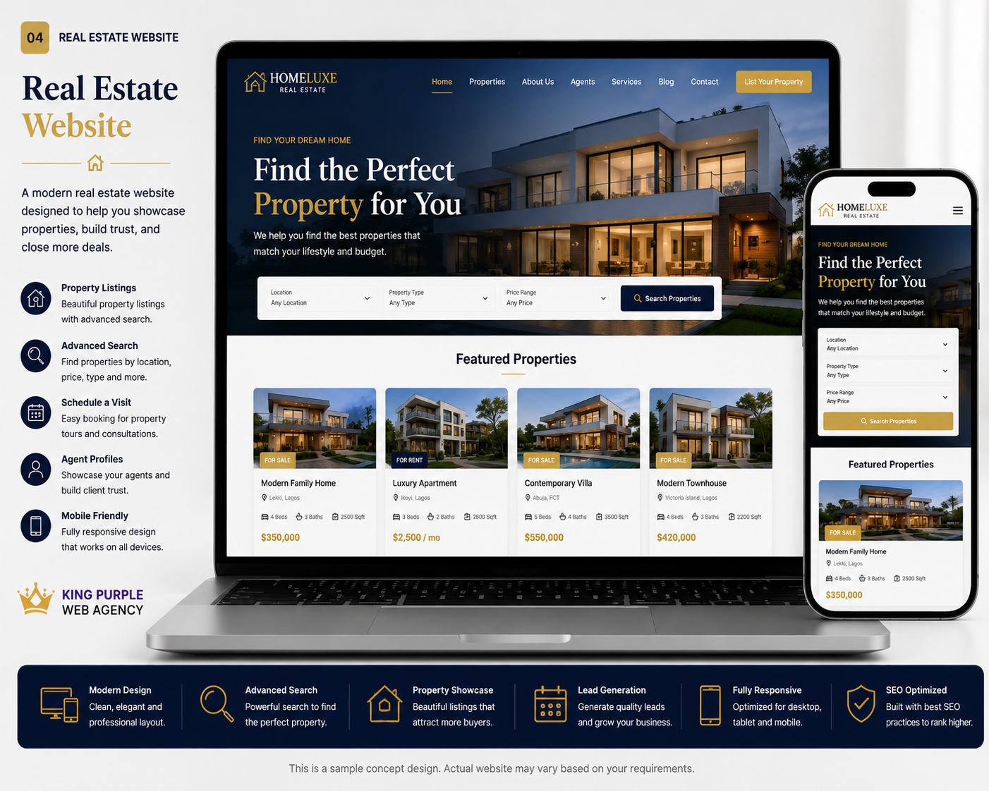 Real Estate Website sample concept design by King Purple Web Agency