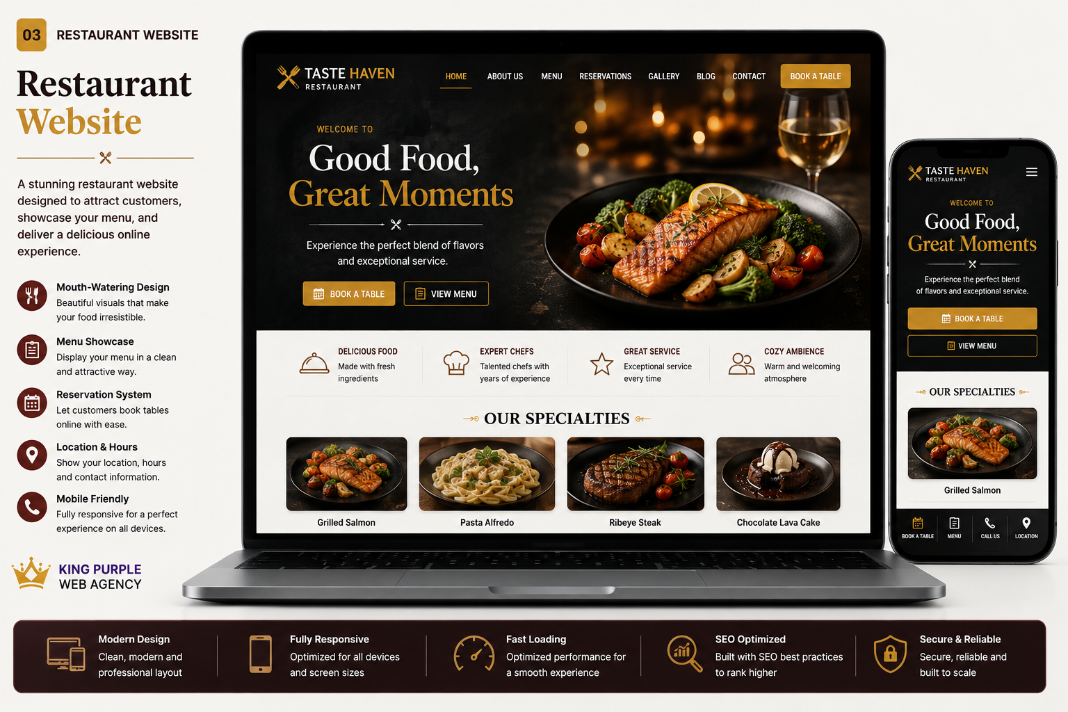 Restaurant Website sample concept design by King Purple Web Agency