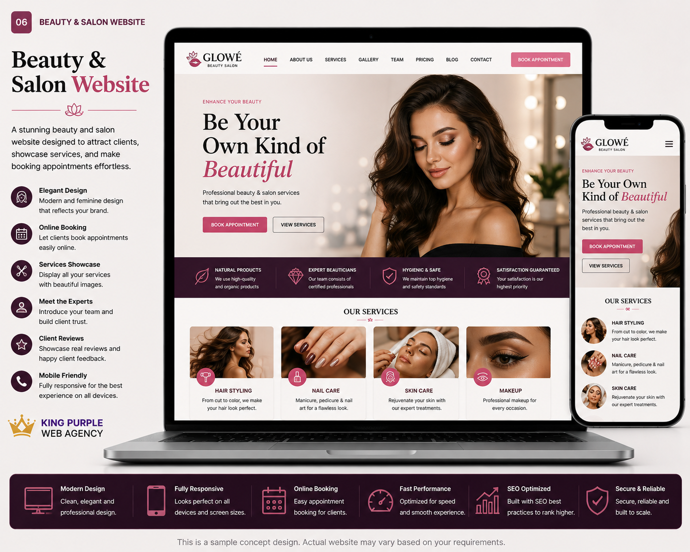 Beauty & Salon Website sample concept design by King Purple Web Agency