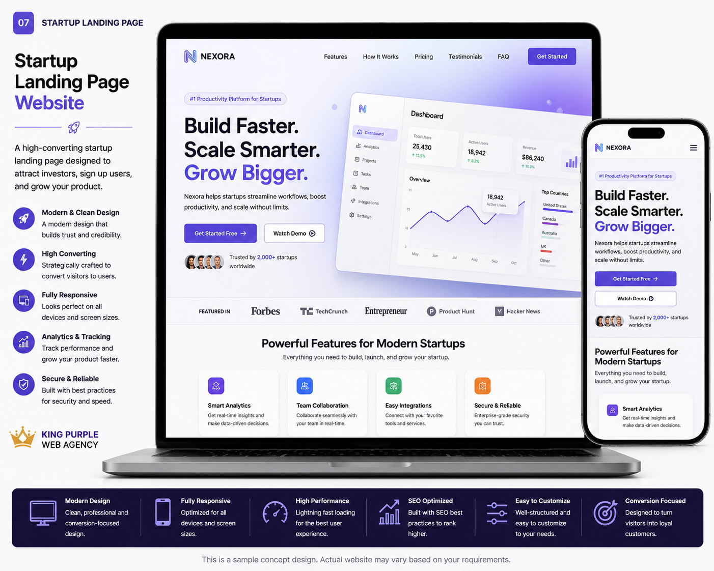 SaaS / Startup Landing Page sample concept design by King Purple Web Agency