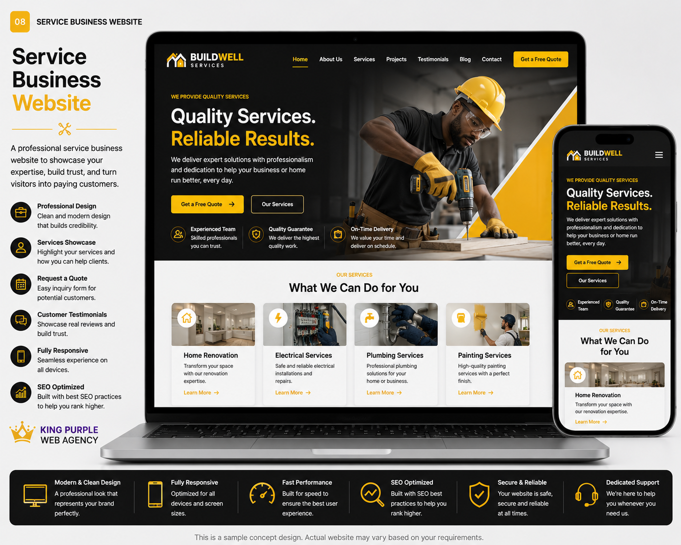 Service Business Website sample concept design by King Purple Web Agency