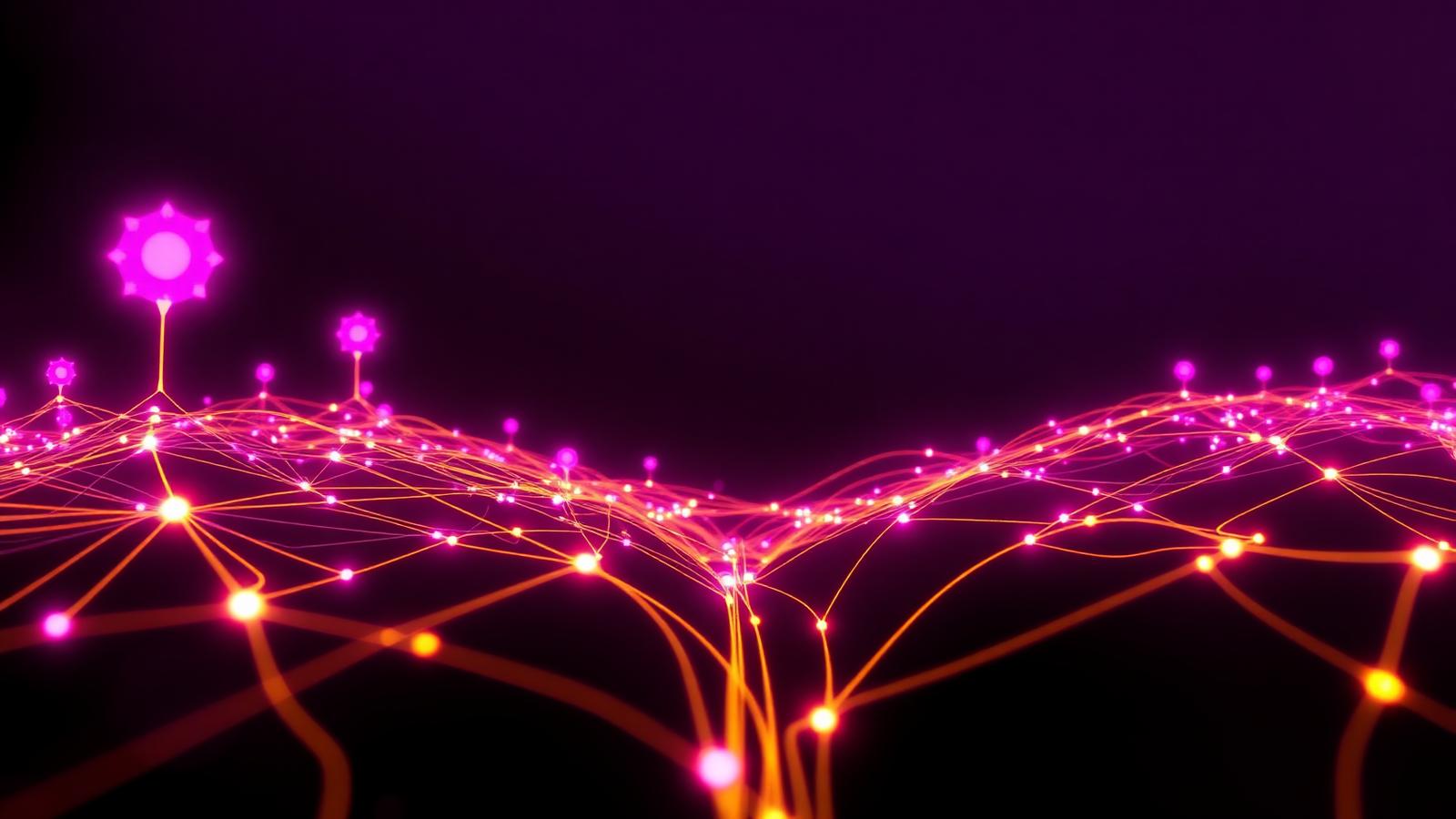 Abstract futuristic network of glowing purple nodes and gold connection lines